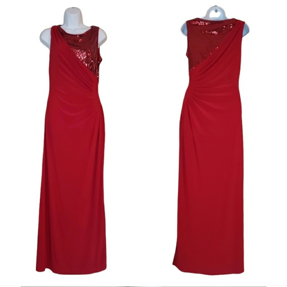 R&M Richards Red Sequin Ruched Sleeveless Dress